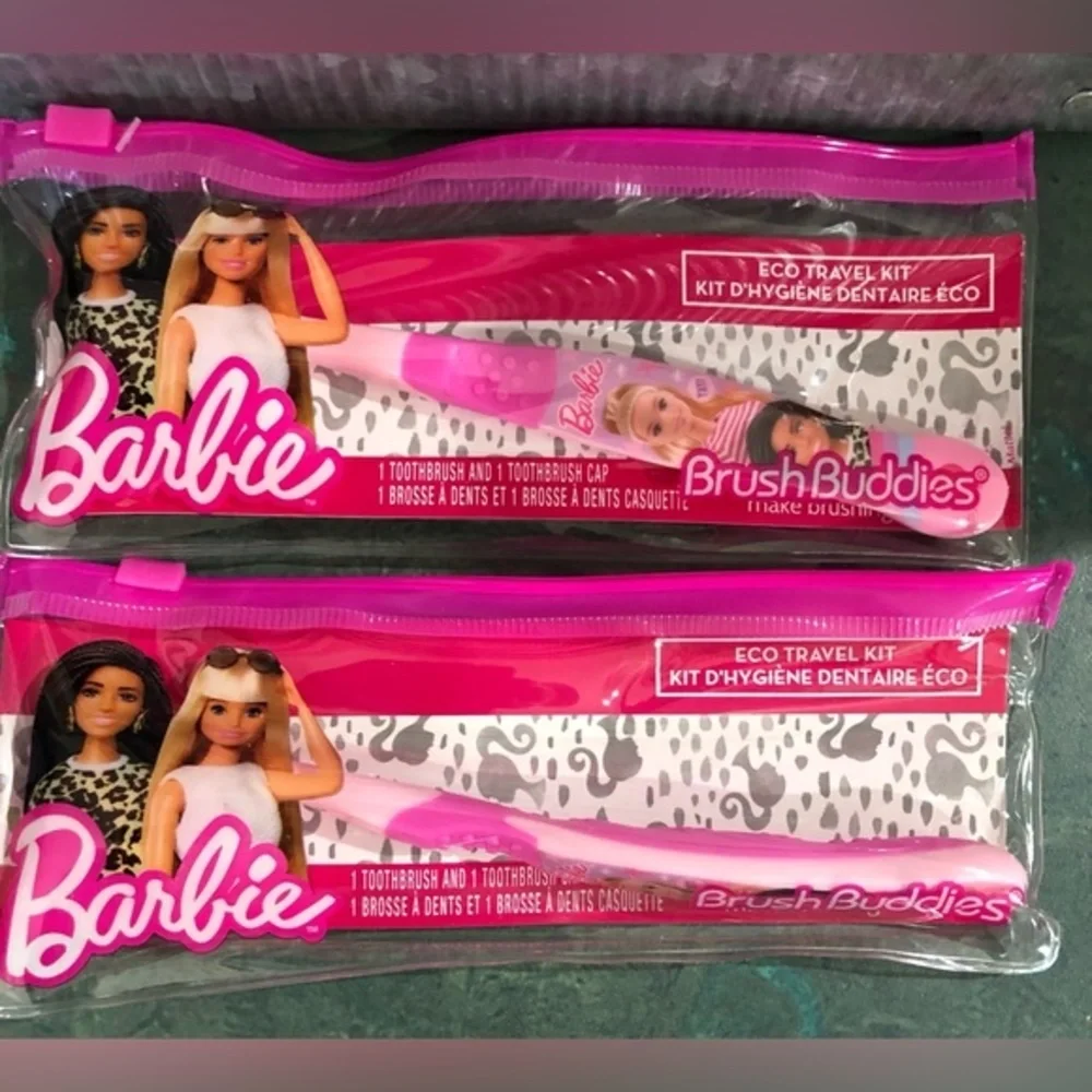 6pc Barbie pink kids children little girl toothbrush, cap & pouch eco travel kit
